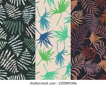 Set of three tropical backgrounds with palm leaves. Seamless floral patterns. Summer vector illustrations. Flat jungle prints