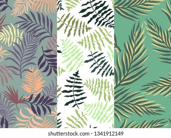 Set of three tropical backgrounds with palm leaves. Seamless floral patterns. Summer vector illustrations. Flat jungle prints