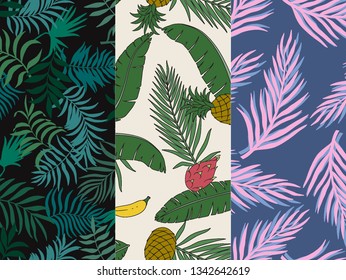 Set of three tropical backgrounds with palm leaves. Seamless floral patterns. Summer vector illustrations. Flat jungle prints