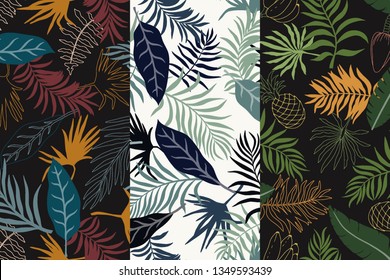 Set of three tropical backgrounds with palm leaves. Seamless floral patterns. Summer vector illustrations. Flat jungle prints