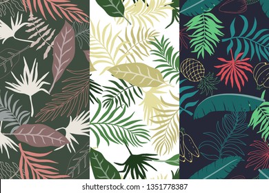 Set of three tropical backgrounds with palm leaves. Seamless floral patterns. Summer vector illustrations. Flat jungle prints