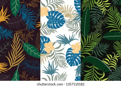 Set of three tropical backgrounds with palm leaves. Seamless floral patterns. Summer vector illustrations. Flat jungle prints
