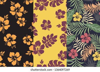 Set of three tropical backgrounds with palm leaves. Seamless floral patterns. Summer vector illustrations. Flat jungle prints