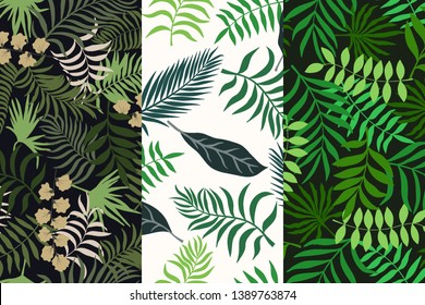 Set of three tropical backgrounds with palm leaves. Seamless floral patterns. Summer vector illustrations. Flat jungle prints