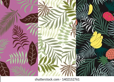 Set of three tropical backgrounds with palm leaves. Seamless floral patterns. Summer vector illustrations. Flat jungle prints