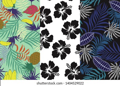 Set of three tropical backgrounds with palm leaves. Seamless floral patterns. Summer vector illustrations. Flat jungle prints