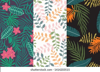 Set of three tropical backgrounds with palm leaves. Seamless floral patterns. Summer vector illustrations. Flat jungle prints