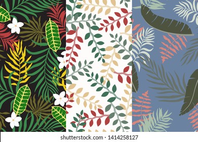 Set of three tropical backgrounds with palm leaves. Seamless floral patterns. Summer vector illustrations. Flat jungle prints