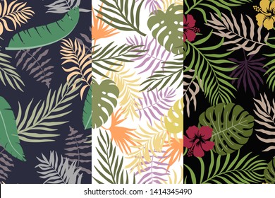 Set of three tropical backgrounds with palm leaves. Seamless floral patterns. Summer vector illustrations. Flat jungle prints