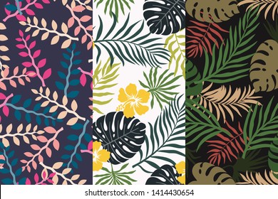 Set of three tropical backgrounds with palm leaves. Seamless floral patterns. Summer vector illustrations. Flat jungle prints