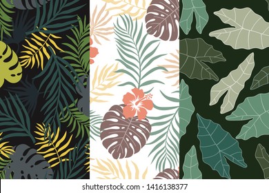 Set of three tropical backgrounds with palm leaves. Seamless floral patterns. Summer vector illustrations. Flat jungle prints