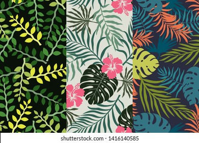Set of three tropical backgrounds with palm leaves. Seamless floral patterns. Summer vector illustrations. Flat jungle prints