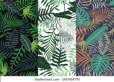 Set of three tropical backgrounds with palm leaves. Seamless floral patterns. Summer vector illustrations. Flat jungle prints