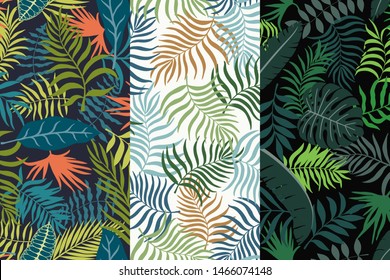 Set of three tropical backgrounds with palm leaves. Seamless floral patterns. Summer vector illustrations. Flat jungle prints