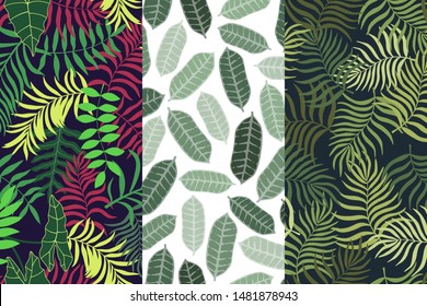 Set of three tropical backgrounds with palm leaves. Seamless floral patterns. Summer vector illustrations. Flat jungle prints