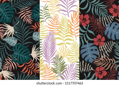 Set of three tropical backgrounds with palm leaves. Seamless floral patterns. Summer vector illustrations. Flat jungle prints