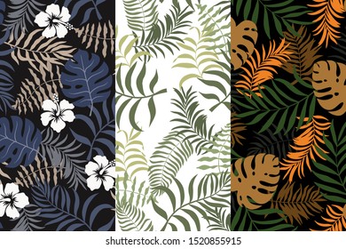 Set of three tropical backgrounds with palm leaves. Seamless floral patterns. Summer vector illustrations. Flat jungle prints