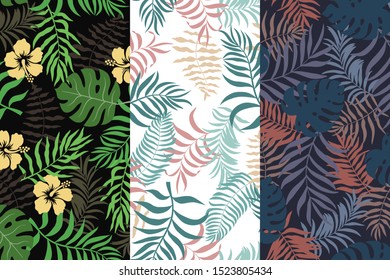 Set of three tropical backgrounds with palm leaves. Seamless floral patterns. Summer vector illustrations. Flat jungle prints