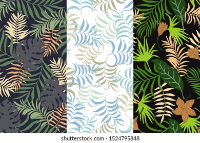 Set of three tropical backgrounds with palm leaves. Seamless floral patterns. Summer vector illustrations. Flat jungle prints