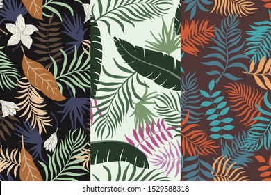 Set of three tropical backgrounds with palm leaves. Seamless floral patterns. Summer vector illustrations. Flat jungle prints