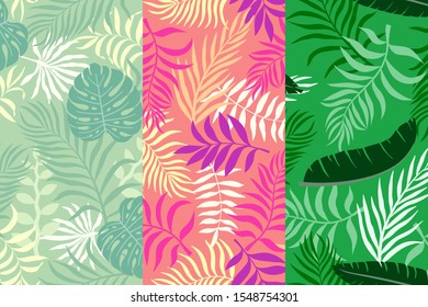 Set of three tropical backgrounds with palm leaves. Seamless floral patterns. Summer vector illustrations. Flat jungle prints