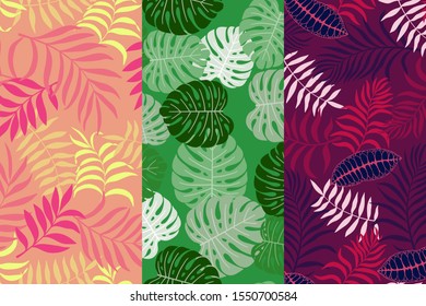Set of three tropical backgrounds with palm leaves. Seamless floral patterns. Summer vector illustrations. Flat jungle prints