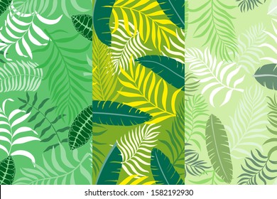 Set of three tropical backgrounds with palm leaves. Seamless floral patterns. Summer vector illustrations. Flat jungle prints