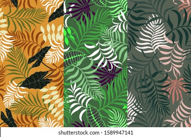 Set of three tropical backgrounds with palm leaves. Seamless floral patterns. Summer vector illustrations. Flat jungle prints