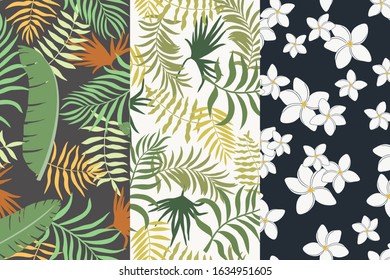 Set of three tropical backgrounds with palm leaves. Seamless floral patterns. Summer vector illustrations. Flat jungle prints