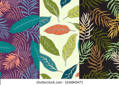 Set of three tropical backgrounds with palm leaves. Seamless floral patterns. Summer vector illustrations. Flat jungle prints