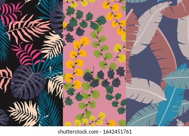 Set of three tropical backgrounds with palm leaves. Seamless floral patterns. Summer vector illustrations. Flat jungle prints