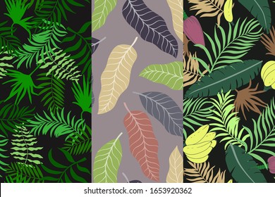 Set von drei tropischen Hintergründen mit Palmenblättern. Nahtlose Blumenmuster. Sommervektorgrafiken. Flachdschungeldrucke