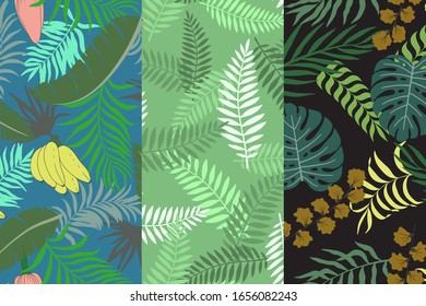 Set of three tropical backgrounds with palm leaves. Seamless floral patterns. Summer vector illustrations. Flat jungle prints