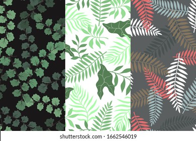 Set of three tropical backgrounds with palm leaves. Seamless floral patterns. Summer vector illustrations. Flat jungle prints