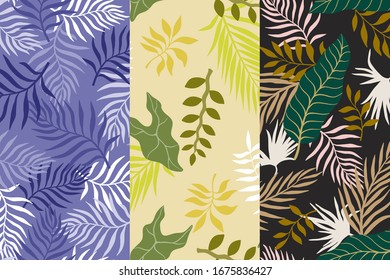 Set of three tropical backgrounds with palm leaves. Seamless floral patterns. Summer vector illustrations. Flat jungle prints