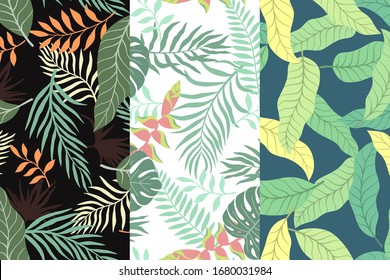 Set of three tropical backgrounds with palm leaves. Seamless floral patterns. Summer vector illustrations. Flat jungle prints