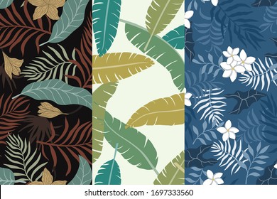 Set of three tropical backgrounds with palm leaves. Seamless floral patterns. Summer vector illustrations. Flat jungle prints