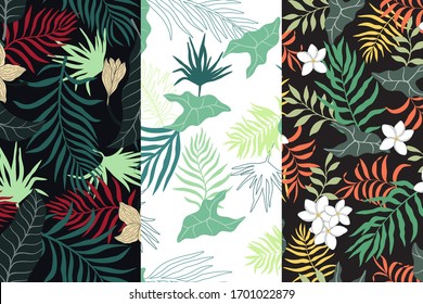 Set of three tropical backgrounds with palm leaves. Seamless floral patterns. Summer vector illustrations. Flat jungle prints