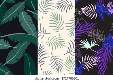 Se compone de tres telares tropicales con hojas de palma. Patrones florales sin foco. Ilustraciones vectoriales de verano. Impresiones de selva plana