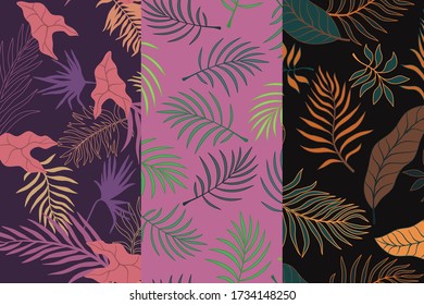Set of three tropical backgrounds with palm leaves. Seamless floral patterns. Summer vector illustrations. Flat jungle prints
