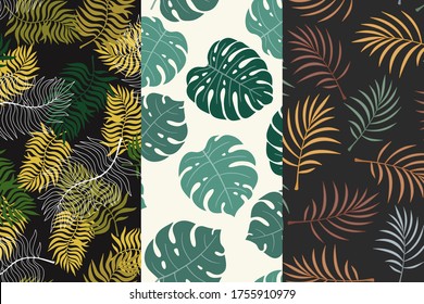 Set von drei tropischen Hintergründen mit Palmenblättern. Nahtlose Blumenmuster. Sommervektorgrafiken. Flachdschungeldrucke