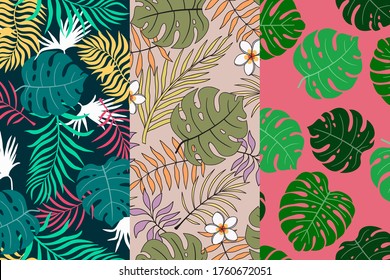Se compone de tres telares tropicales con hojas de palma. Patrones florales sin foco. Ilustraciones vectoriales de verano. Impresiones de selva plana