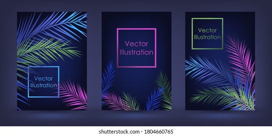 Set of three tropical covers or flyers with neon palm leaves