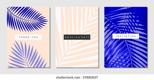 A set of three tropical foliage designs in white, pastel pink and purple. Invitation, greeting card, poster design templates.