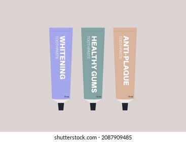 A set of three tubes of toothpaste, whitening effect, healthy gums, and anti-plaque