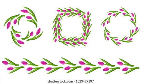 Set of three tulips wreath and horizontal border. Hand drawn tulip. Vector illustration.