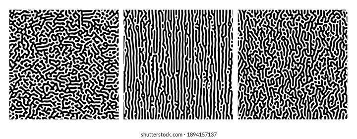 Set of three turing reaction gradient backgrounds. Abstract diffusion pattern with chaotic shapes. Vector illustration.