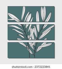 Set of three turquoise horizontal paintings with white branches for decoration. Botanical background for wall design, room decoration.