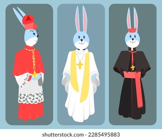 set of three types of catalic priest on a plain background with the head of an easter bunny, vector rabbit priest