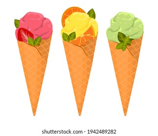Set of three types of ice cream in a waffle cone, isolated on a white background. Fruit, berry ice cream in a cone. Strawberry, citrus and pistachio ice cream on a white background